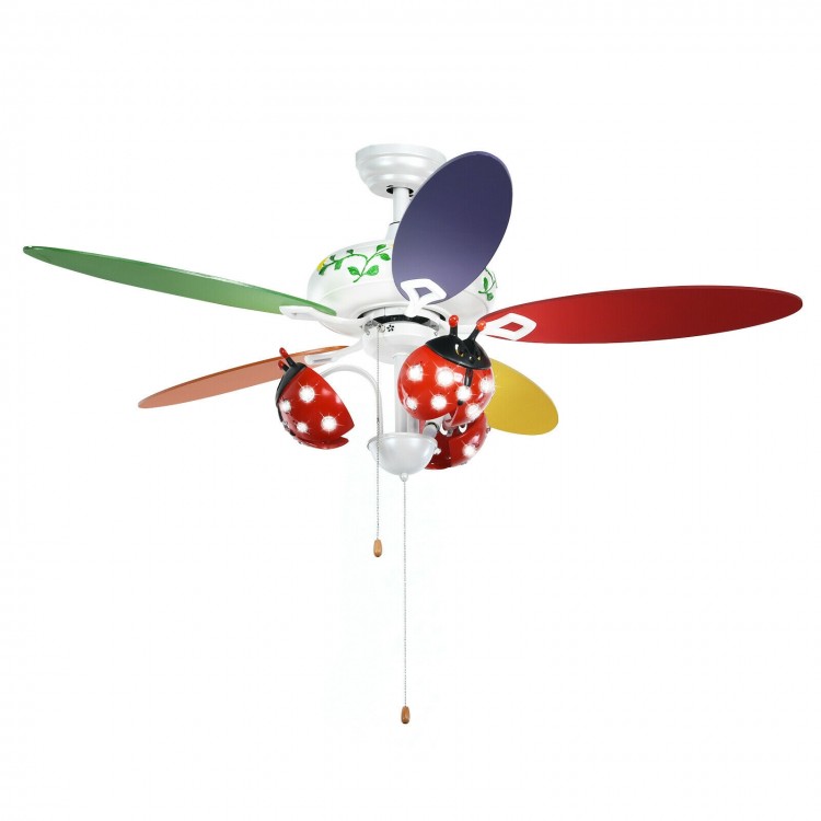 Colorful 52-inch kids ceiling fan with beetle lampshade and pull chain control for a fun and quiet children's room.