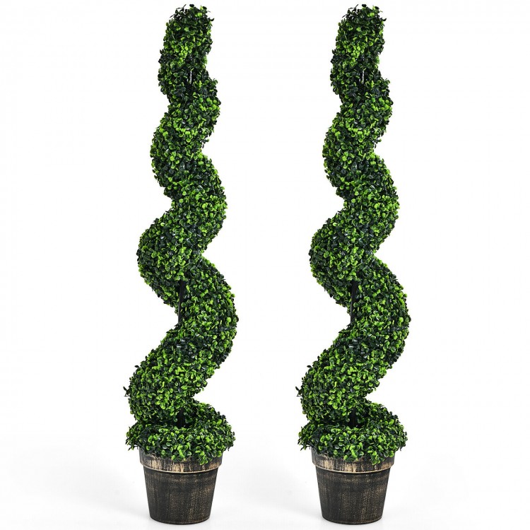 Two 4-foot artificial spiral boxwood topiaries in golden pots, perfect for indoor or outdoor decor with UV resistance.