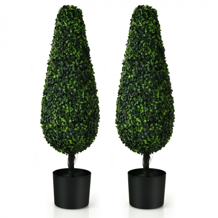 Two 3-foot artificial tower topiary trees in black pots, UV resistant for indoor and outdoor decor, lifelike appearance.