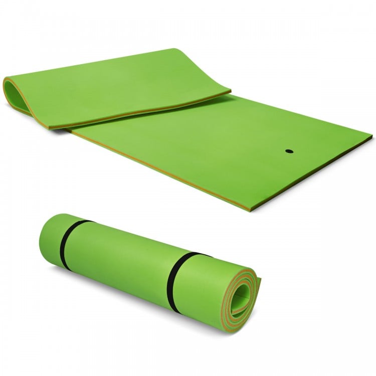 Green 12’ x 6’ floating water pad made of durable XPE foam, perfect for relaxing and playing on lakes and beaches.