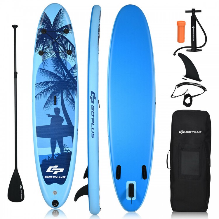Inflatable stand-up paddleboard in blue with adjustable paddle, fins, and manual pump, ideal for water activities.