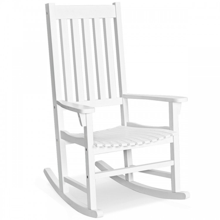 White high back rocking chair made of acacia wood, ideal for indoor and outdoor relaxation on patio or balcony.
