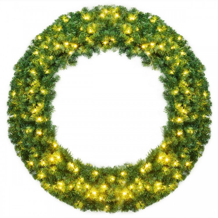 48-inch pre-lit artificial Christmas wreath with 200 warm LED lights, perfect for indoor and outdoor holiday decor.