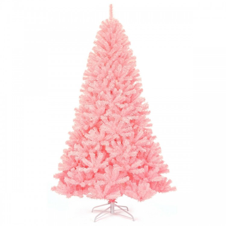 Pink 7.5 feet hinged artificial Christmas tree with full-bodied spruce design, perfect for festive decorations.