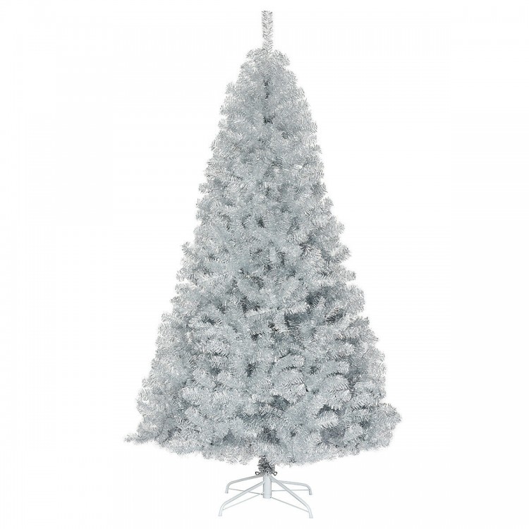 7.5 ft unlit artificial silver tinsel Christmas tree with 1258 branch tips, perfect for indoor and outdoor holiday.