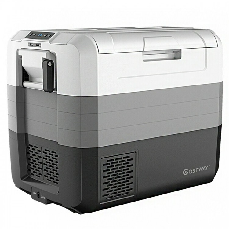 Portable electric car camping cooler with 70 quart capacity, dual-zone design, and two-way door for convenient access.