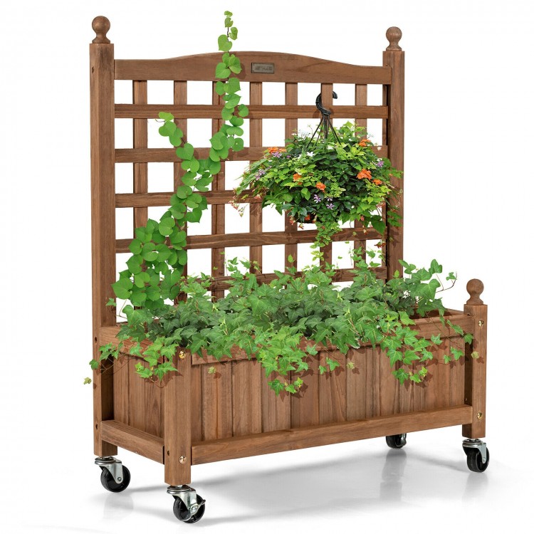 Wood planter box with trellis, made of fir wood, ideal for climbing plants, featuring wheels for easy mobility.