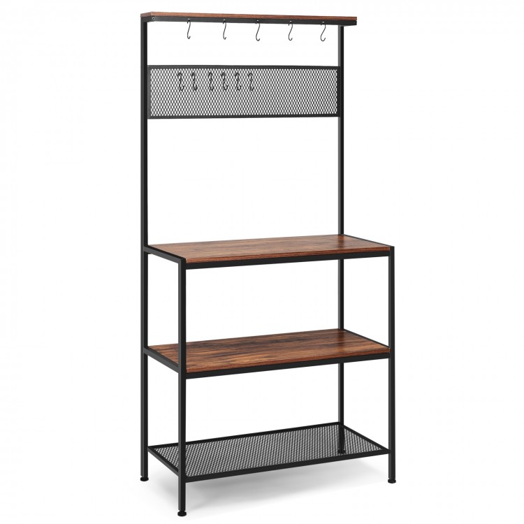 4-tier kitchen rack stand with wooden shelves, mesh panel, and 11 hooks for organized storage in kitchen or entryway.