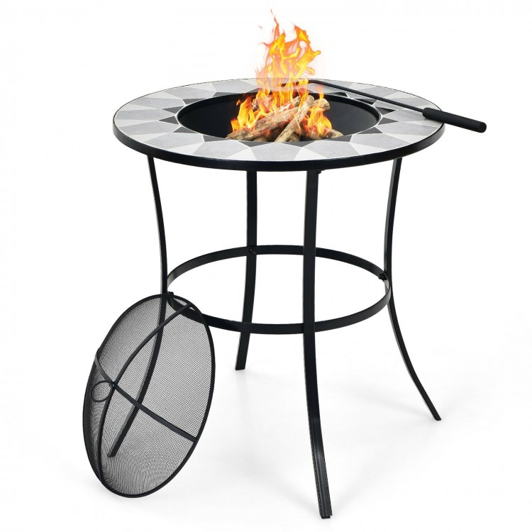 Round fire pit table with mesh cover and poker, featuring a durable steel frame, ideal for outdoor gatherings and.