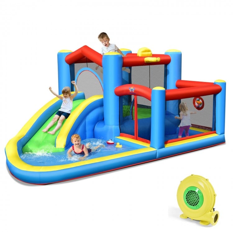 Inflatable kids water slide bounce castle in vibrant colors with slide, safety mesh, and included 480W blower for.