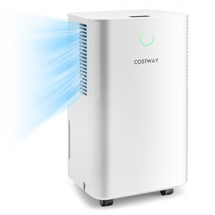 1750 Sq. Ft dehumidifier in white, featuring auto defrost, 24H timer, and adjustable humidity from 30% to 80%.