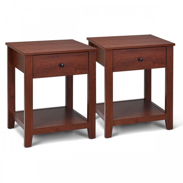 Set of 2 nightstands in rich wood finish with drawer and open shelf, ideal for bedroom or living room storage.