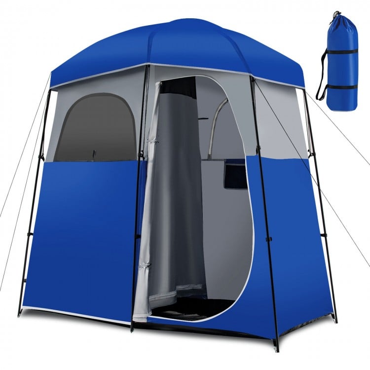 Double-room camping toilet tent in blue, made of waterproof polyester with a sturdy steel frame for high stability.