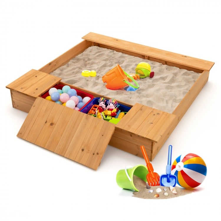 Kids wooden sandbox with bench seats and storage boxes, made of cedar wood, perfect for outdoor play with friends.