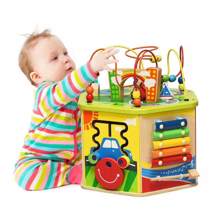 Colorful 7-in-1 wooden activity cube toy with bead maze, xylophone, and shape sorter for early educational play.