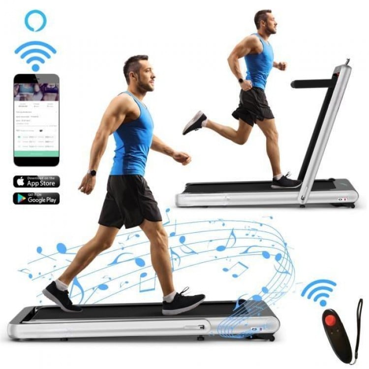Folding treadmill with remote control, featuring 0.6-10.5mph speeds, ideal for home workouts and under-desk use.