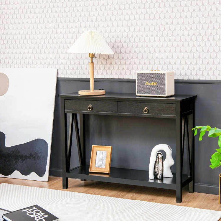 Black console table with 2 drawers and open shelf, made of MDF and wood, perfect for entryway or living room decor.