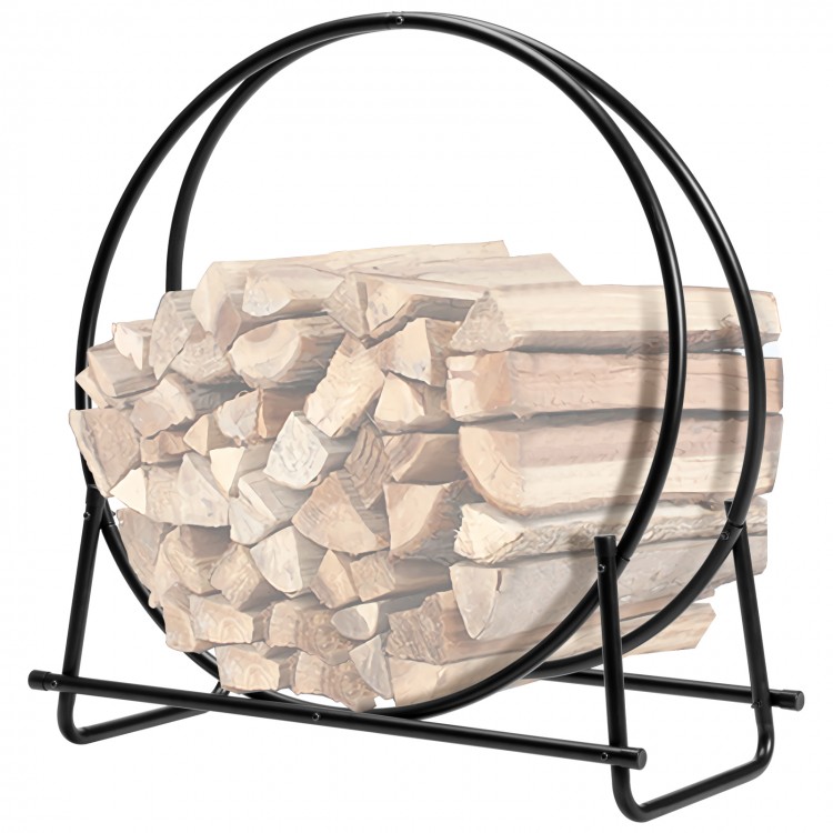 30-inch tubular steel log hoop firewood storage rack with black powder-coated finish for indoor and outdoor use.