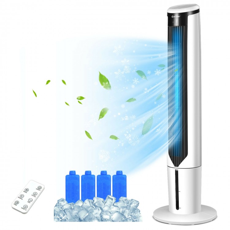 41-inch evaporative air cooler with remote, 3 speeds, and 4 ice crystal boxes for efficient cooling in any room.
