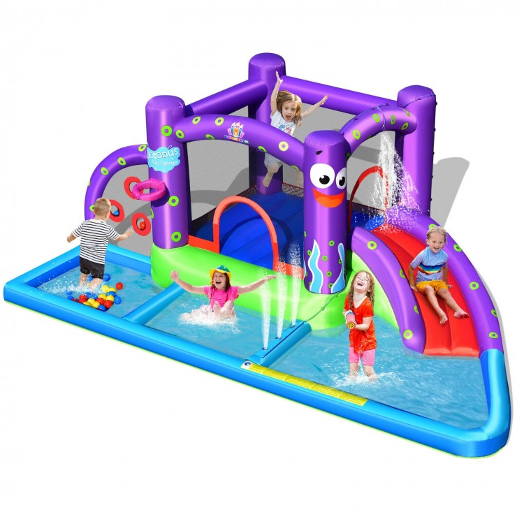 Inflatable water slide castle featuring a jumping area, splash pool, and slide, designed for kids' outdoor fun.