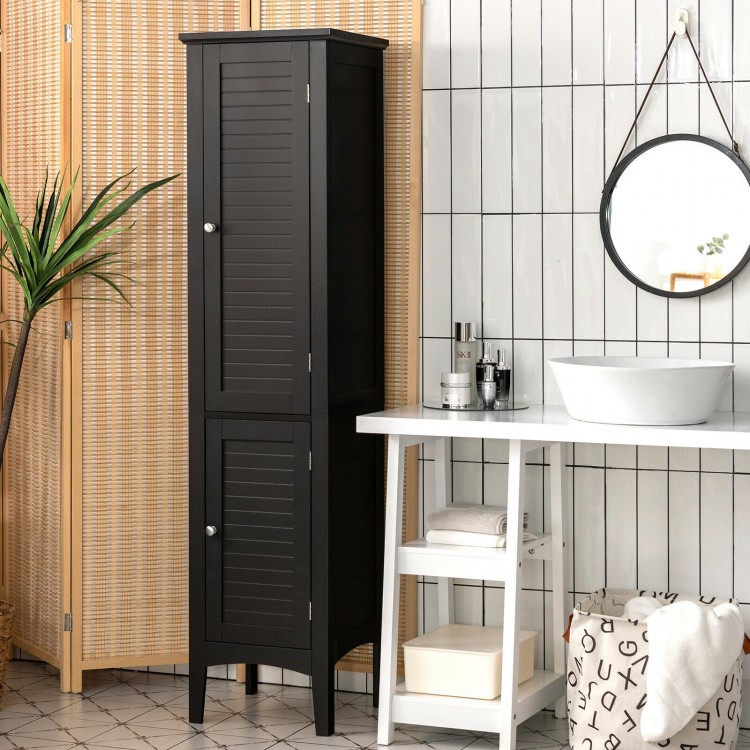 Freestanding black bathroom storage cabinet made of sturdy MDF, featuring a compact design for maximizing vertical.