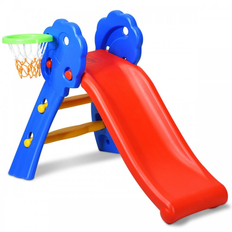 Kids' plastic folding slide with basketball hoop, red and blue, designed for indoor play and motor skill development.