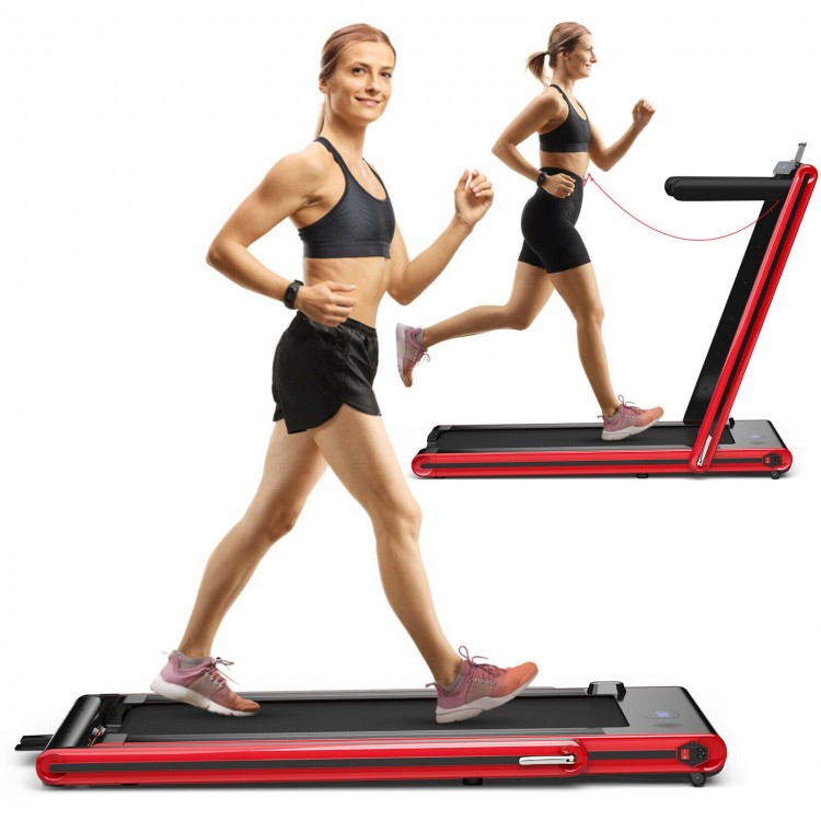 2-in-1 folding treadmill in red with dual LED display, showcasing a user jogging for versatile home workouts.