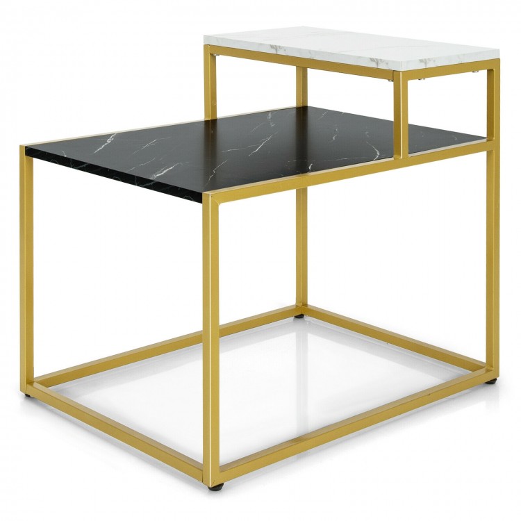 2-tier end side table with a black and white marble top, metal frame, and adjustable foot pads for living room use.