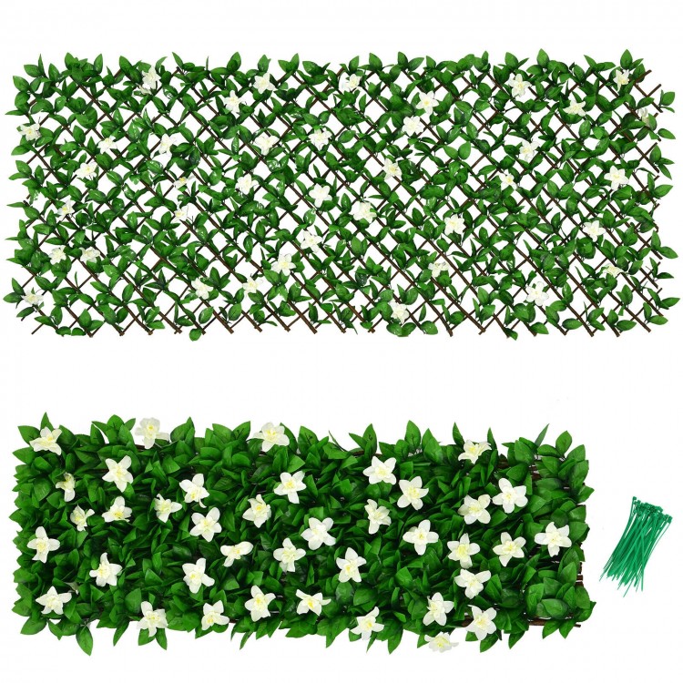 Expandable faux ivy privacy screen fence panel with white flowers, made of durable polyester and willow for outdoor.