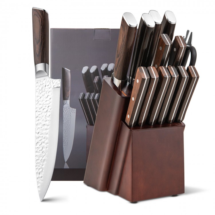 15-piece stainless steel knife block set with ergonomic hardwood handles and hammered blades, ideal for kitchen food.