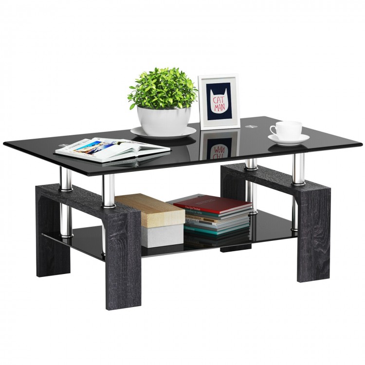 Rectangular tempered glass coffee table with gray MDF legs, featuring a shelf for storage, ideal for modern living.