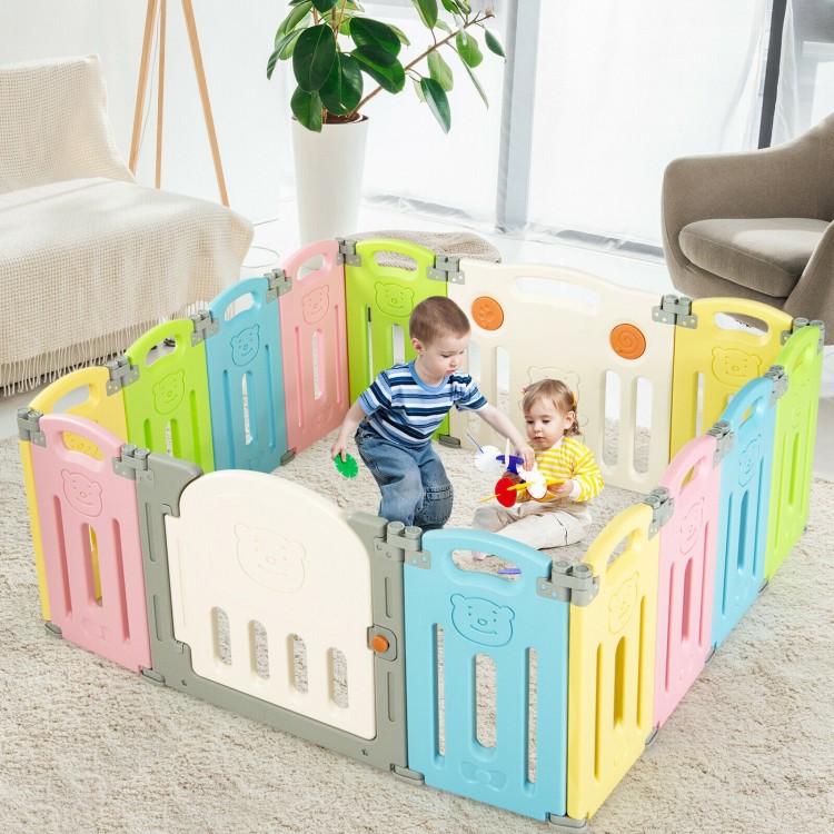 Foldable 14-panel baby playpen in multicolor, featuring safe HDPE material and educational toys for secure playtime.