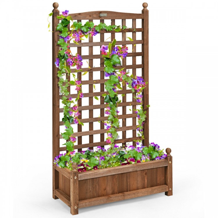 Solid wood planter box with trellis, featuring vibrant climbing plants, ideal for outdoor gardens and balconies.