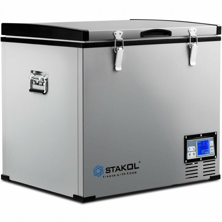 Portable 63-quart electric car cooler with adjustable temperature control and removable wire basket for easy storage.