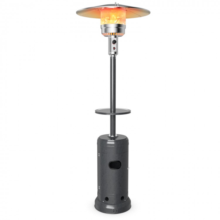 Gray propane outdoor heater with table and wheels, 87" tall, providing efficient warmth for patio gatherings.