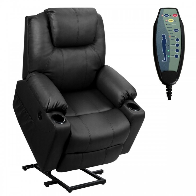 Black electric power lift recliner chair with massage functions, heat, cup holders, and USB charging port for ultimate.