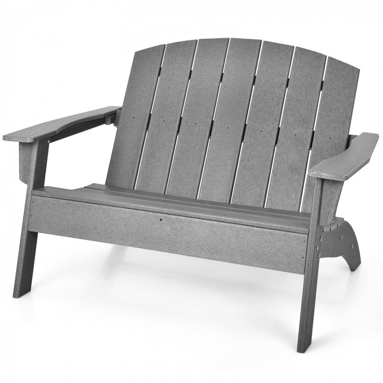 Gray HDPE patio Adirondack chair with wide armrests, designed for two, perfect for backyard or porch relaxation.