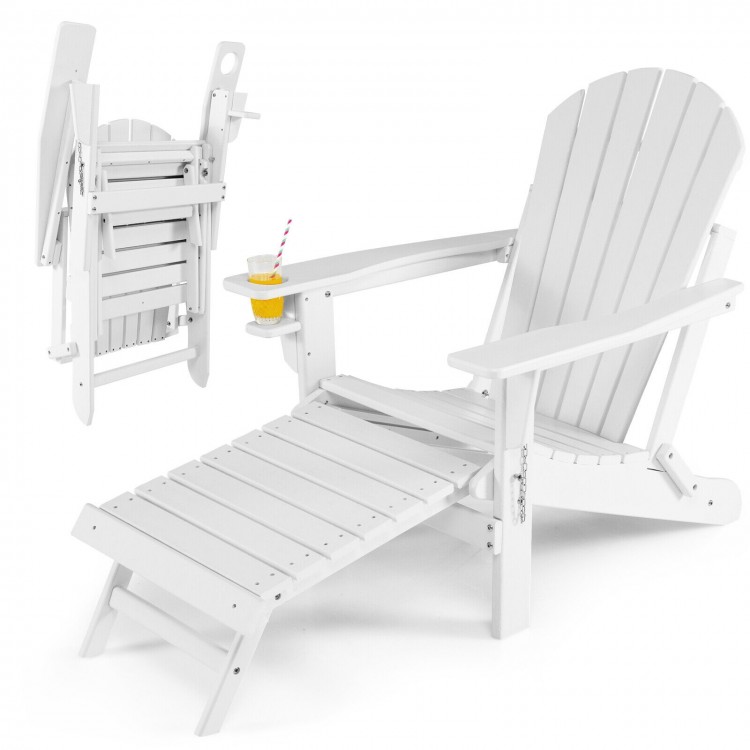 White folding Adirondack chair with retractable ottoman and cup holder, made of weather-resistant HDPE for outdoor.