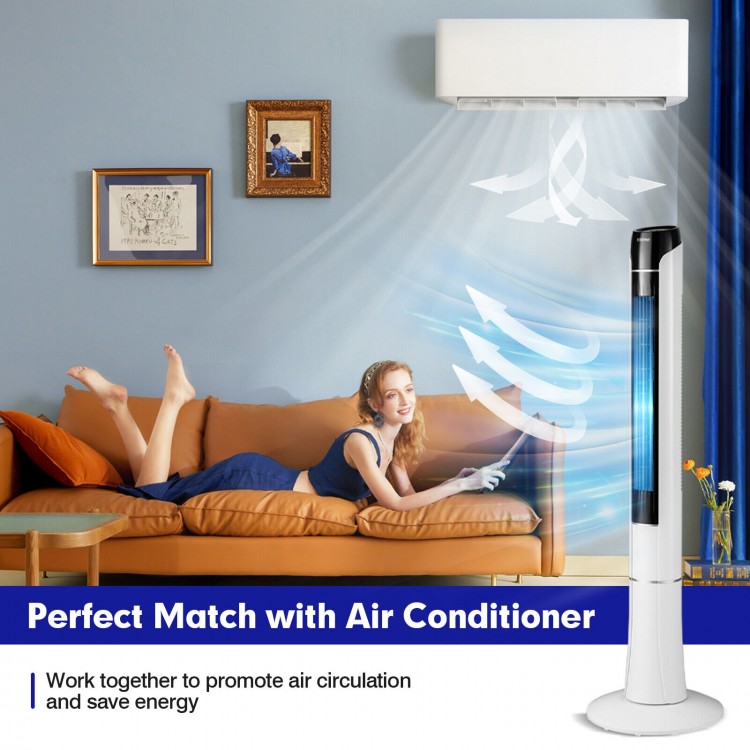 Portable 48-inch tower fan in white with remote control, featuring 80° oscillation for effective air circulation.