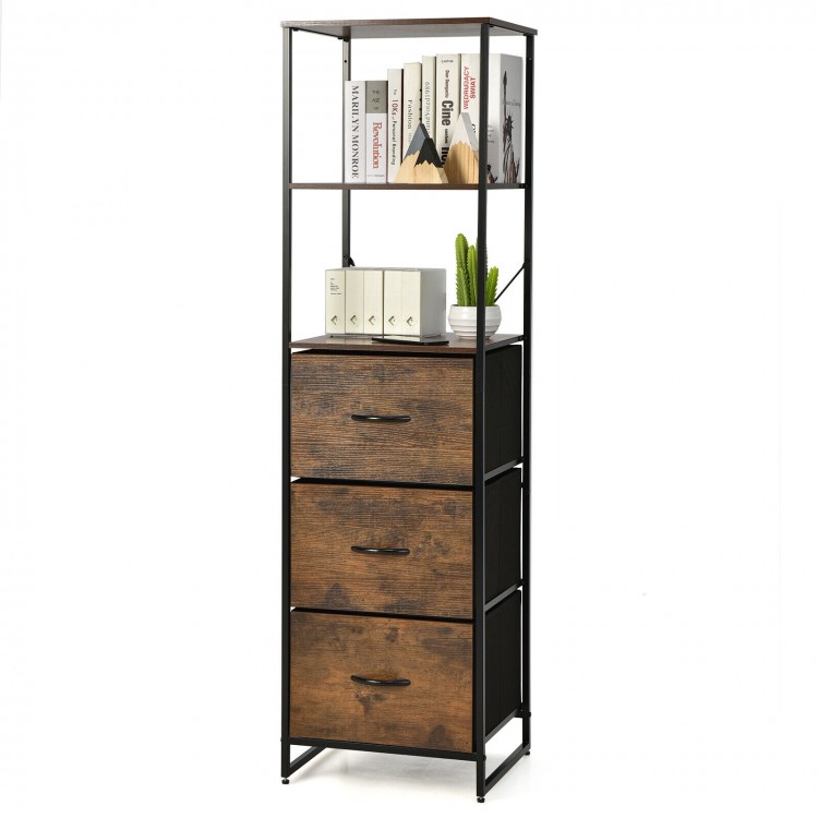 Freestanding vertical dresser in rustic brown with 3 drawers and 3 open shelves, ideal for compact storage in any room.