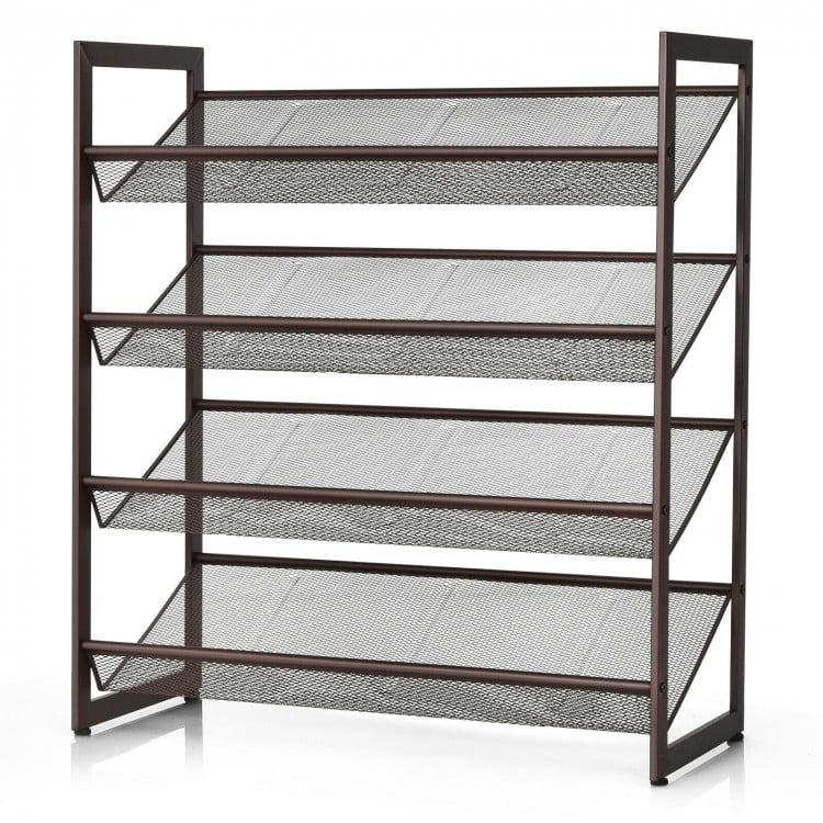 4-tier metal shoe rack with mesh shelves, designed for entryway storage, holds up to 16 pairs of shoes.