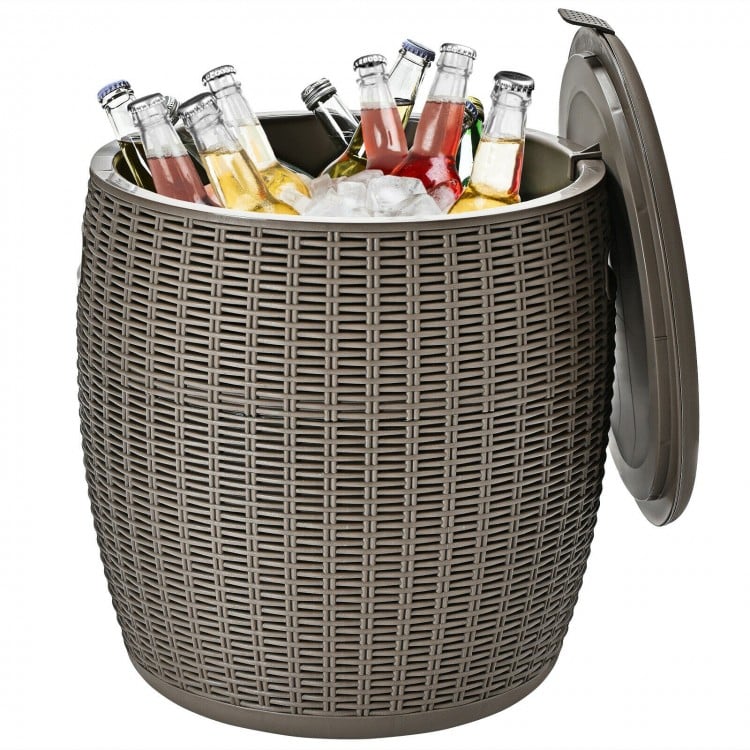 Rattan-style 9.5-gallon patio cooler with drinks and ice, serving as a cocktail table and storage box for outdoor.