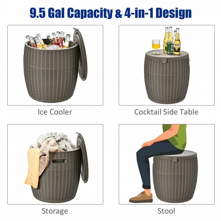 9.5-gallon brown rattan cooler doubles as a cocktail table, stool, and storage box, perfect for outdoor gatherings.