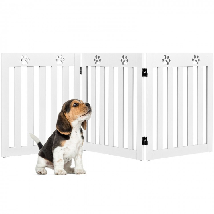 Freestanding 24-inch white wooden dog gate with flexible hinges, ideal for small pets and easy to store.