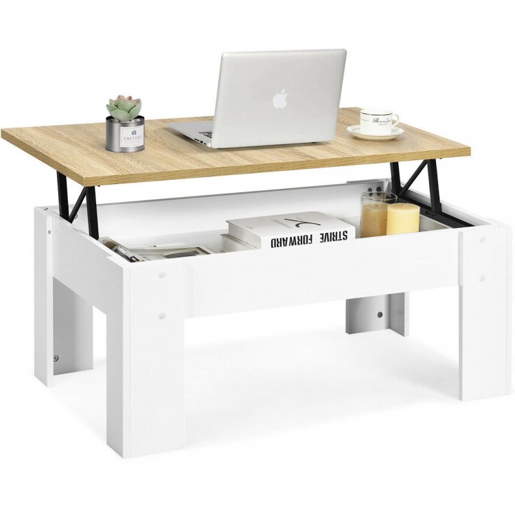Lift top coffee table in white with wooden surface, featuring a hidden storage compartment for versatile use at home or.