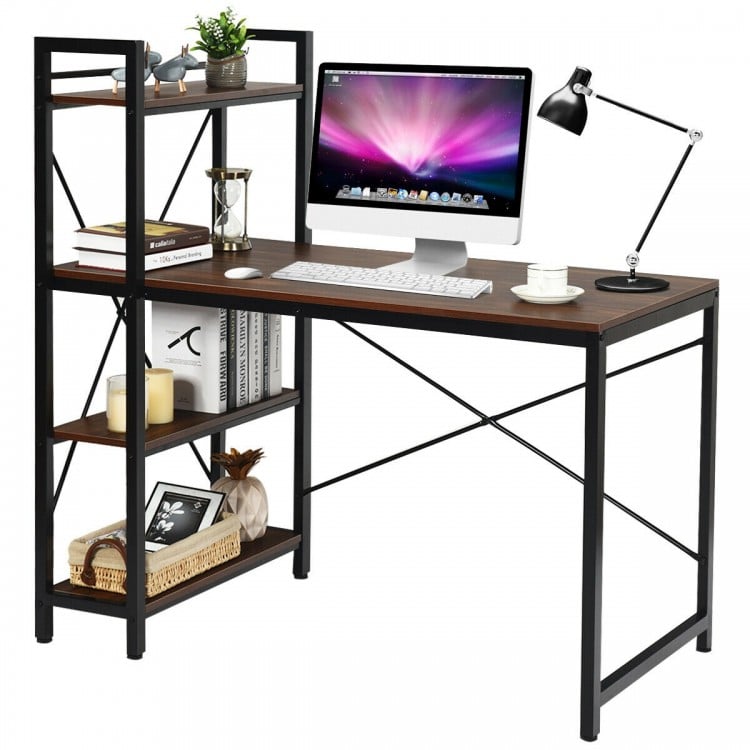 Writing study computer desk with 4-tier shelves in tan, featuring adjustable legs and a sturdy X-shape frame for.