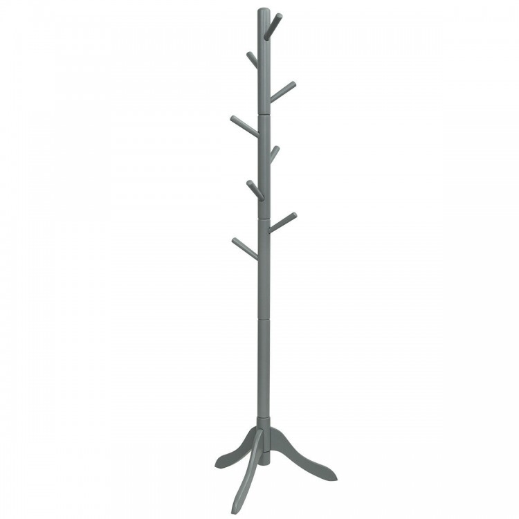 Adjustable gray wooden coat rack with 8 hooks and tri-legged base, perfect for organizing clothes and accessories.