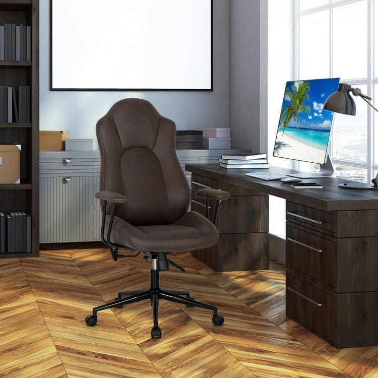 Brown high adjustable back executive office chair with armrests, ergonomic design, and 360° swivel for comfortable use.