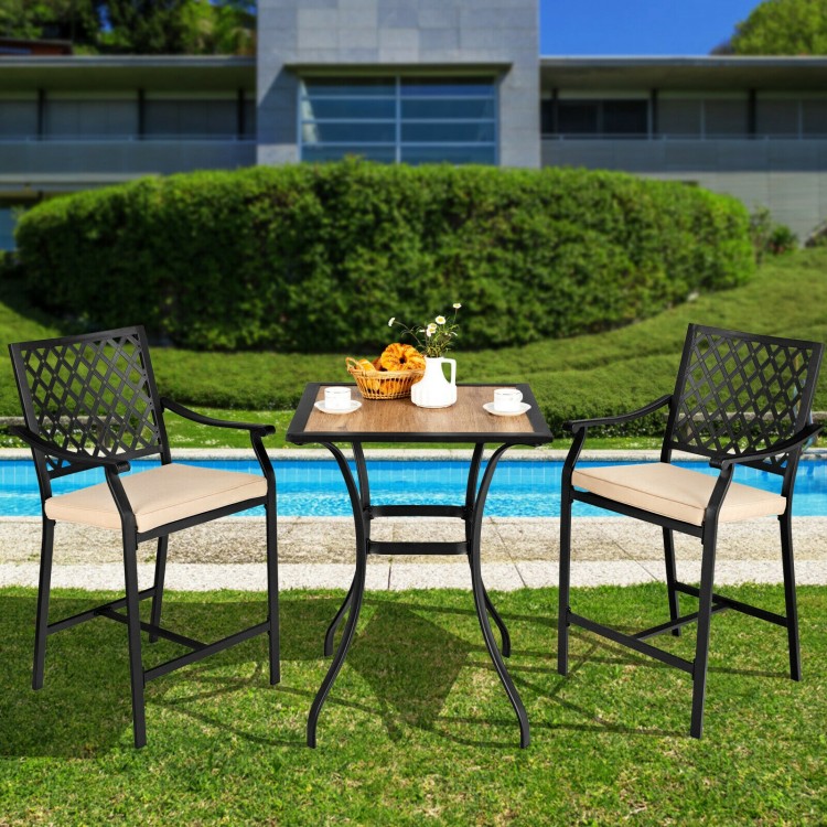 Patio square bar table with wood-like top and sturdy steel frame, perfect for garden or backyard dining.
