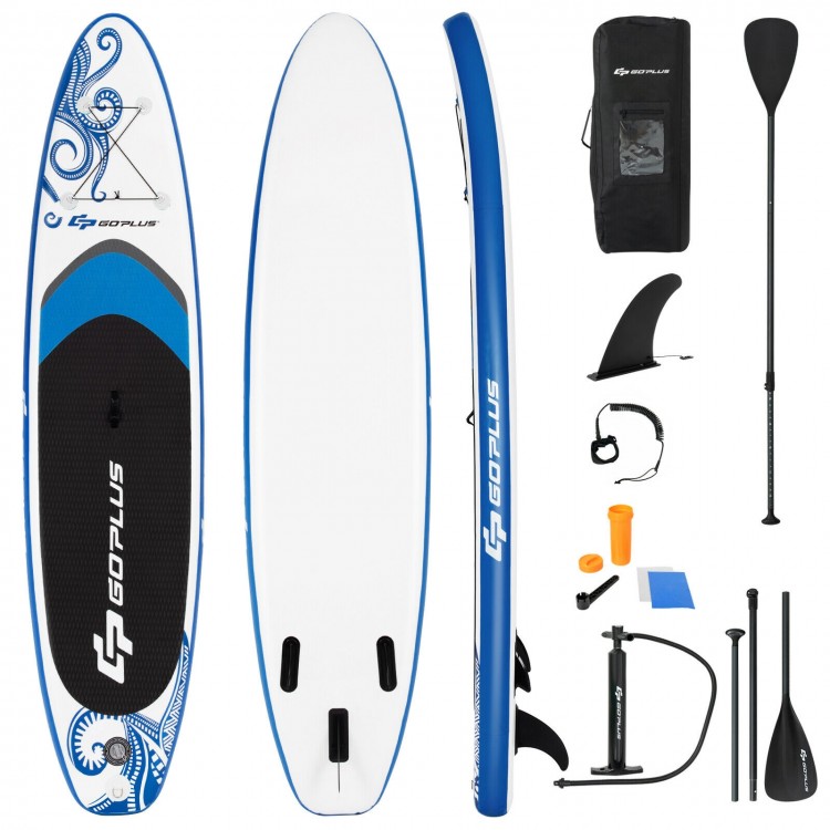 10.6-feet inflatable paddle board in blue with adjustable paddle, carry bag, and 3 fins for stability and speed.